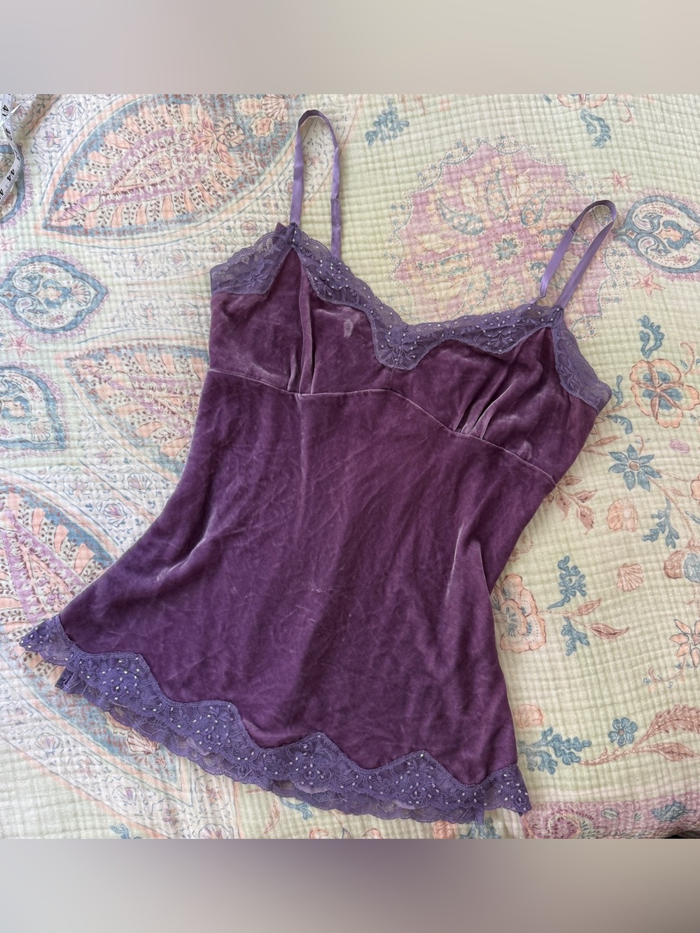 Vintage Karen Kane Purple Silk Blend Velvet Beaded Lace Camisole Y2K M